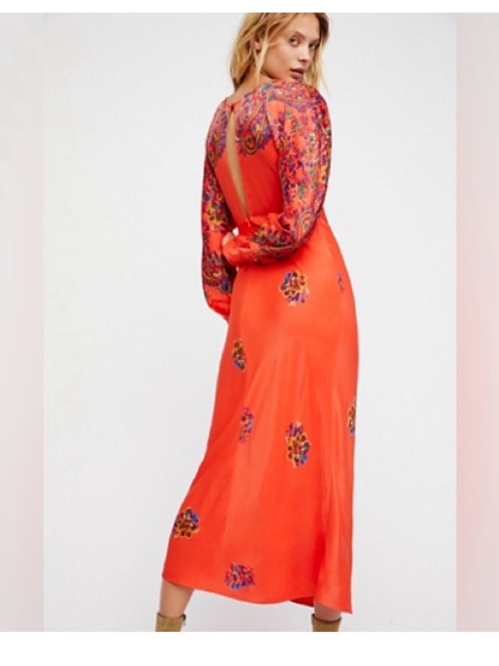 Free People Orange Floral-Print Open-Back Midi Dress